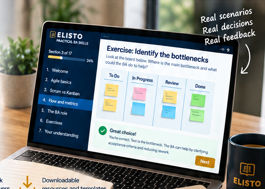Laptop showing an Elisto interactive Agile learning exercise with instant feedback